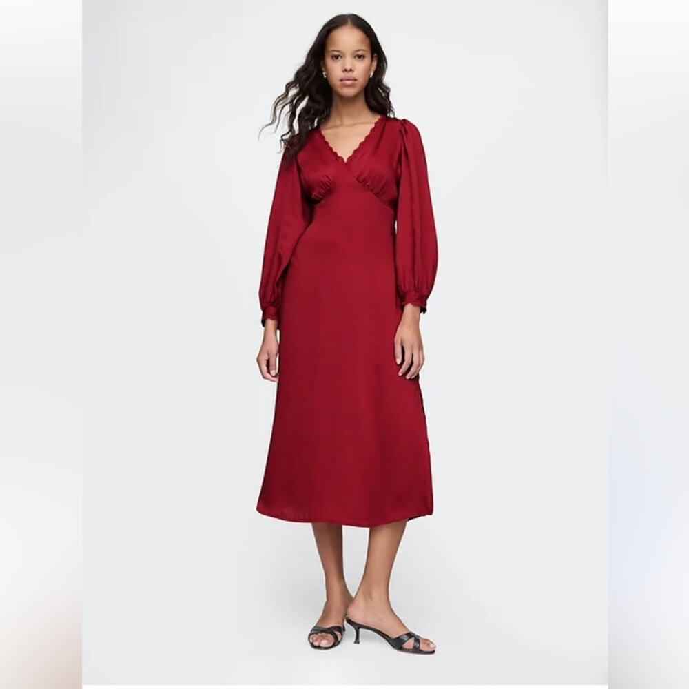 Gap red Satin Empire midi dress side slit Christmas holiday siren party vintage